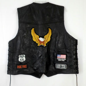 Vintage Diamond Plate Black Buffalo Leather Mens 2X Biker Vest w Patches